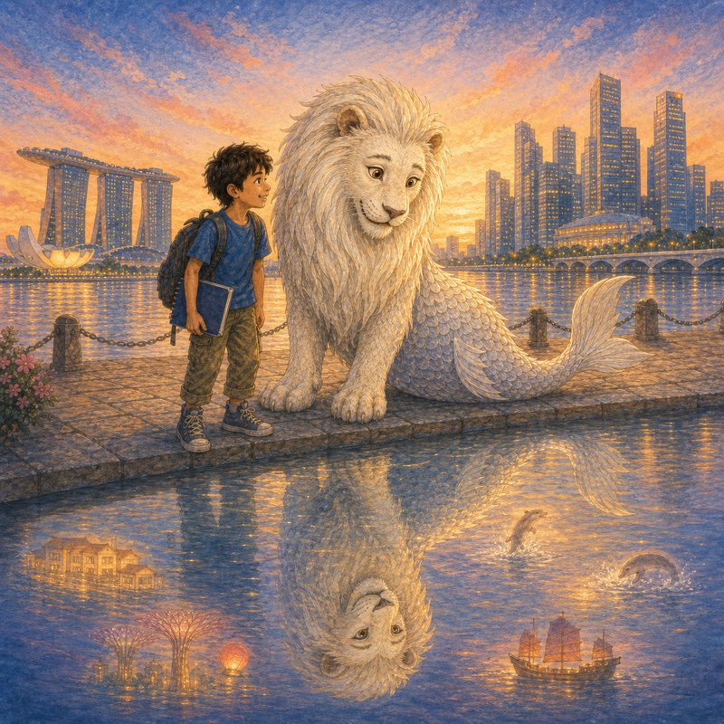 Sunset at Marina Bay as the Merlion looks at his reflection in the water.