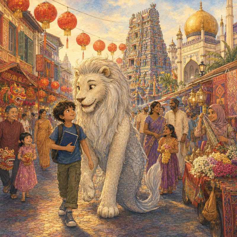 A busy Singapore street with lanterns, a temple and a mosque, as Leo walks beside the Merlion.