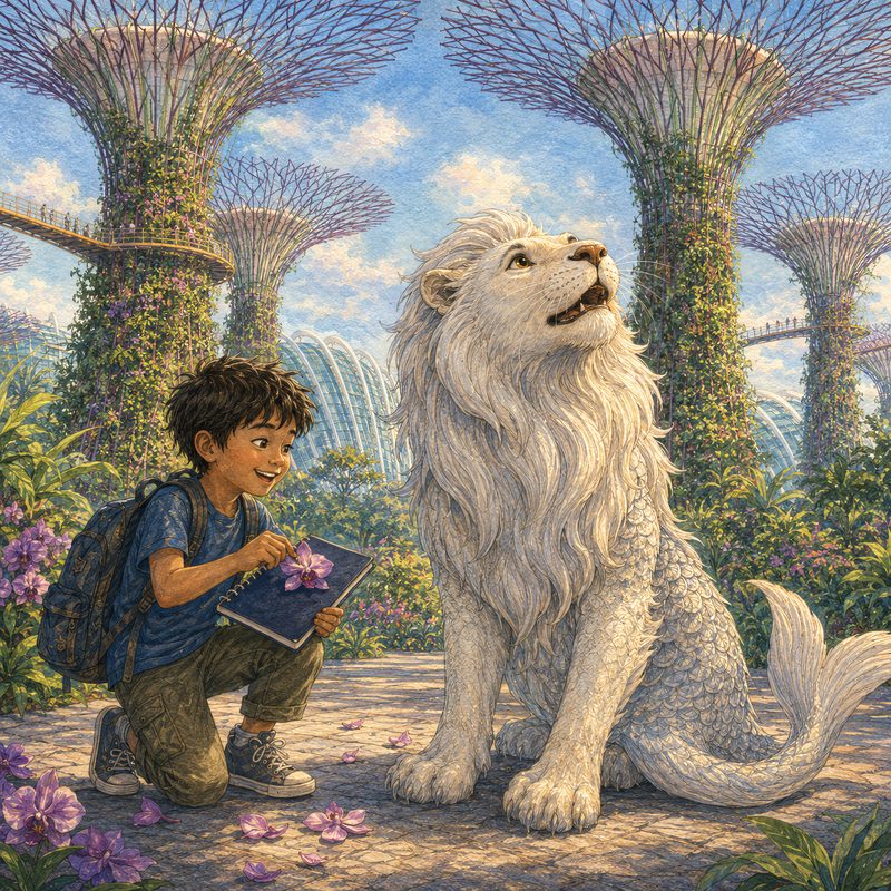 Leo and the Merlion beneath the Supertrees at Gardens by the Bay.