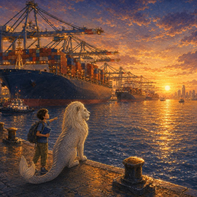 Leo and the Merlion at the port at sunset, container ships along the water.