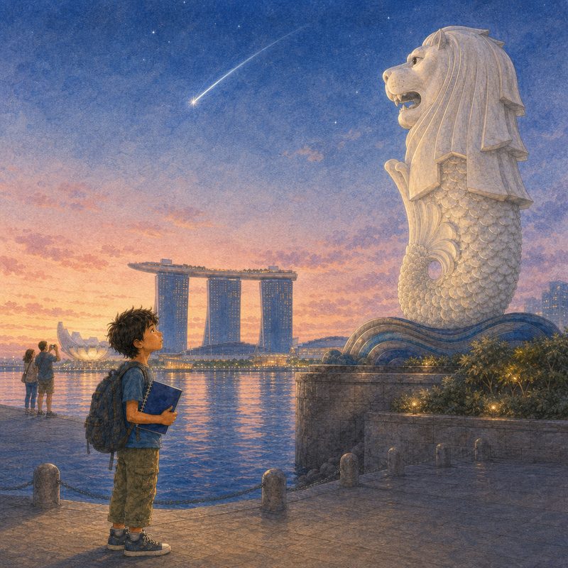 Dawn at Marina Bay, Leo standing below the Merlion statue with his notebook.