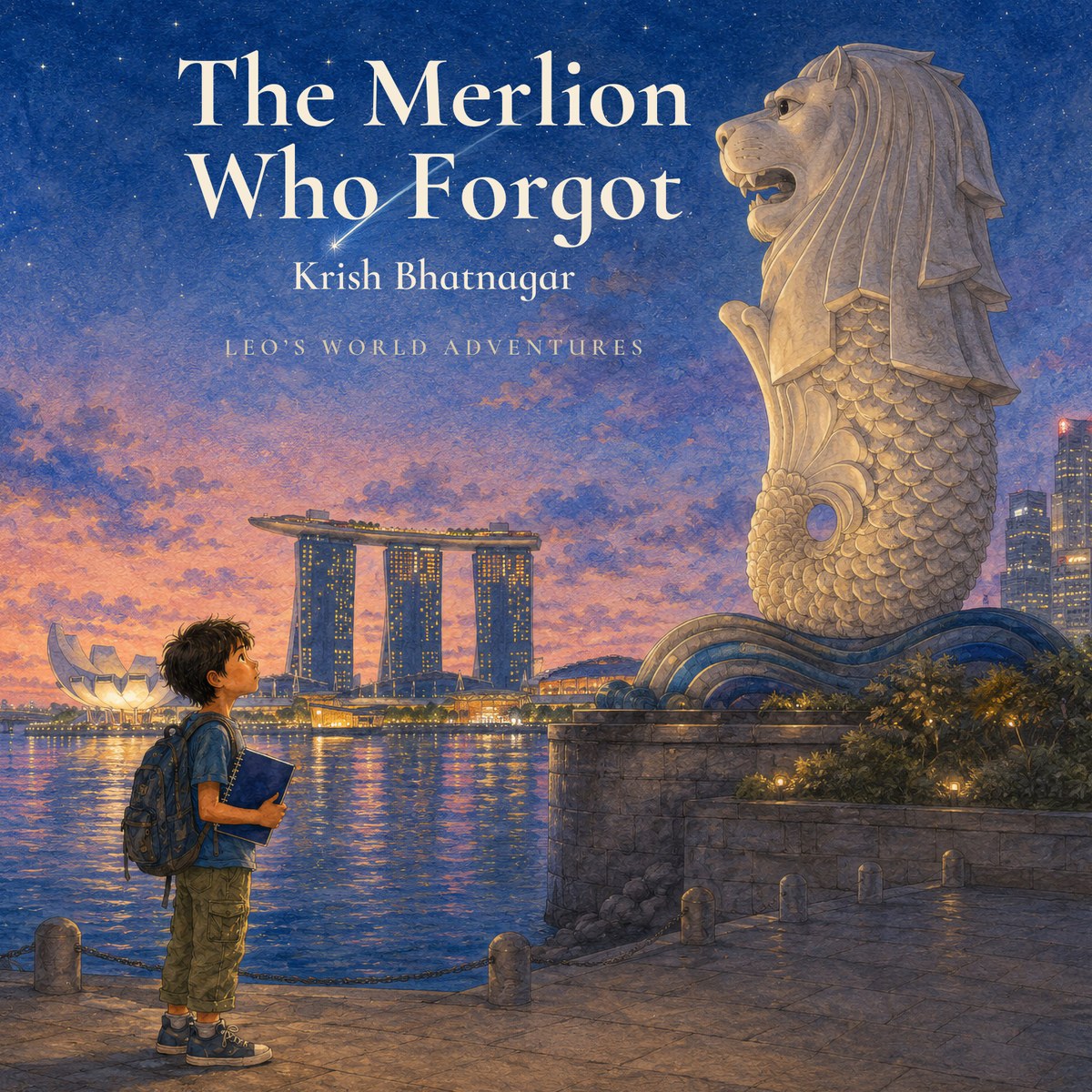 Cover of The Merlion Who Forgot: a boy looks up at the Merlion statue at Marina Bay at dawn.